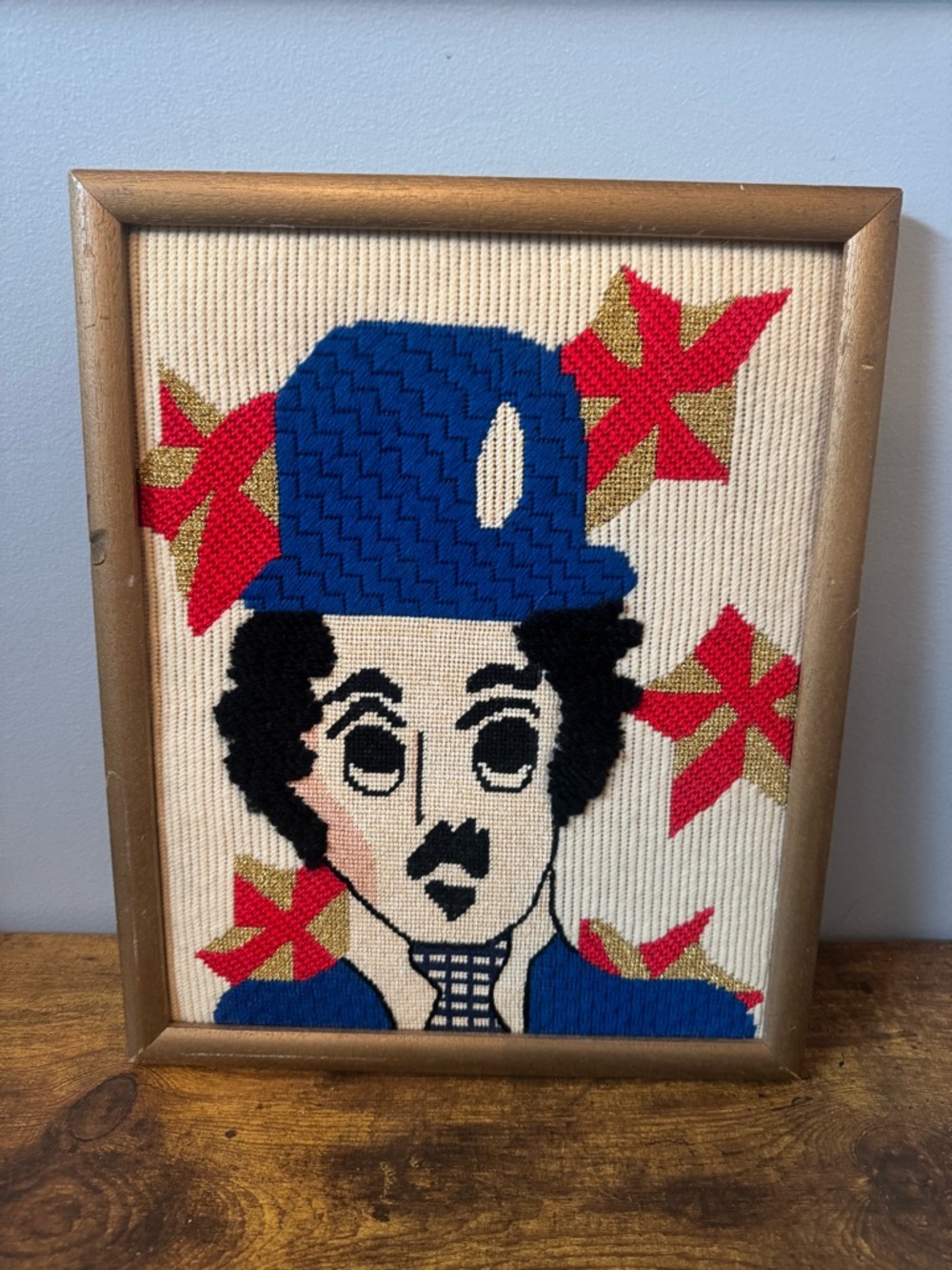 Vintage Charlie Chaplin Needlepoint Framed Art Textured Yarn Gold‎ Red Blue